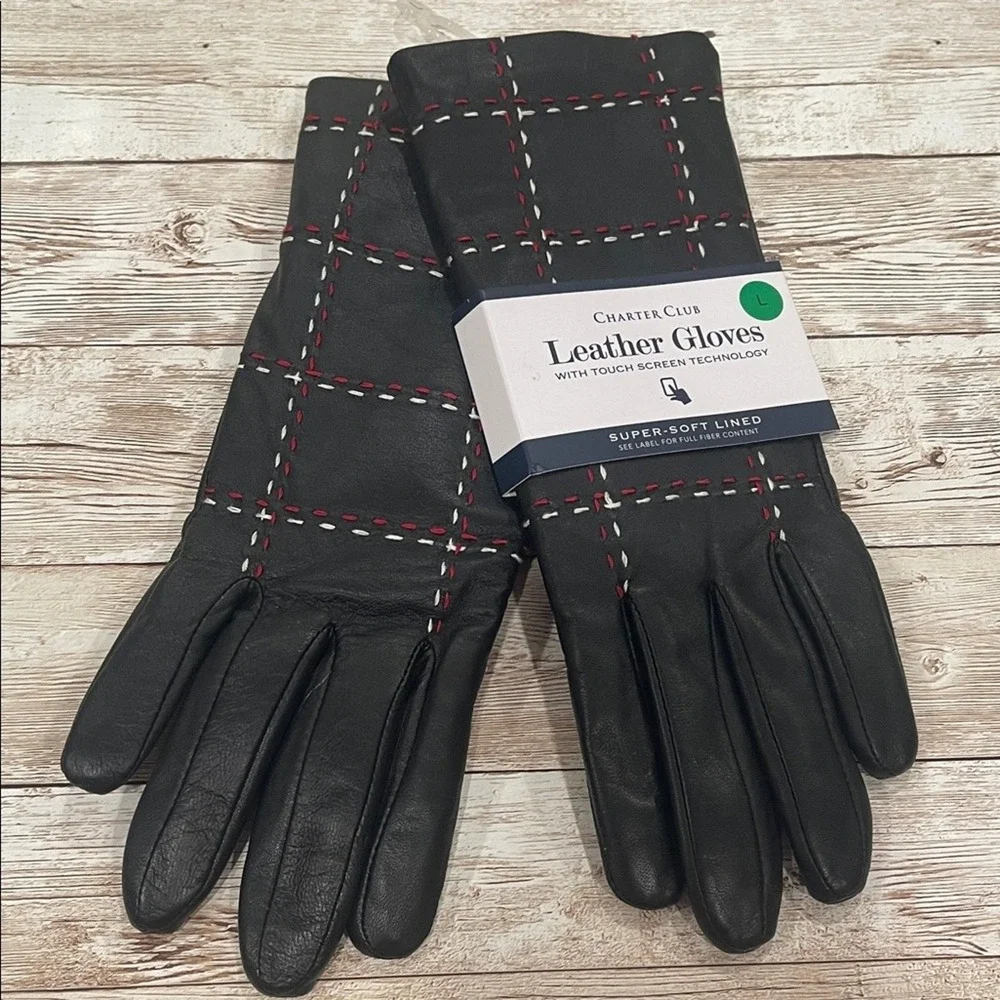 Charter Club Womens Leather Gloves‎ Black Touch Screen Faux Fur Lined Large NEW